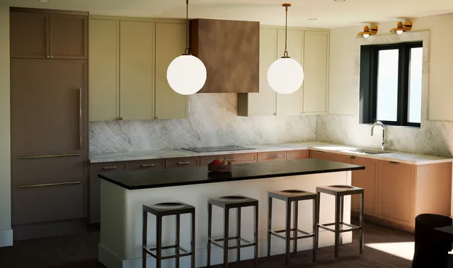 a kitchen with a table chairs and a wooden floor