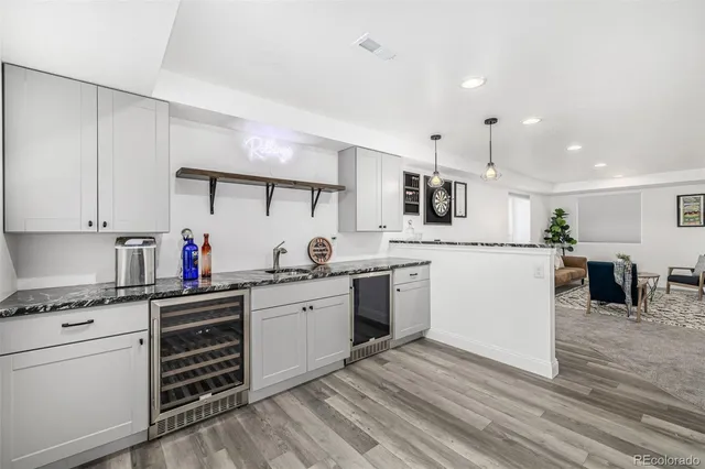 a view of a room with windows