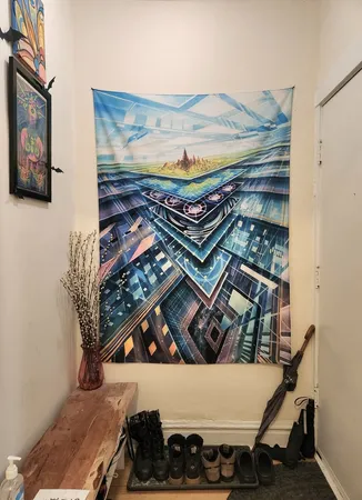 a view of a fireplace with wooden floor