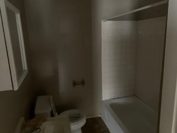 a bathroom with a toilet and a shower
