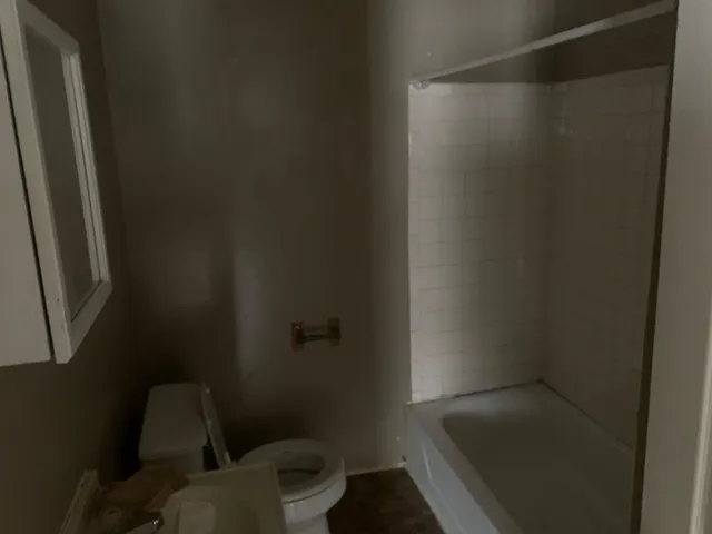 a bathroom with a toilet and a shower