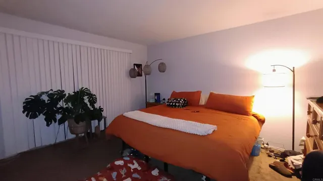a bed room with a bed window and a potted plant