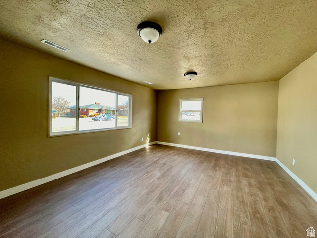 255 West Main Street Mount Pleasant, UT 84647 - Photo 10 of 35 Expansive room featuring wood-finish flooring, two large windows, a smaller window, textured ceilings, and flush-mount lighting fixtures