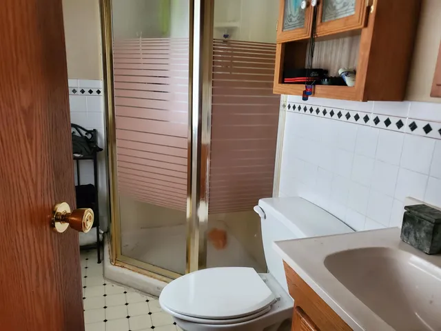 a bathroom with a toilet a sink and shower