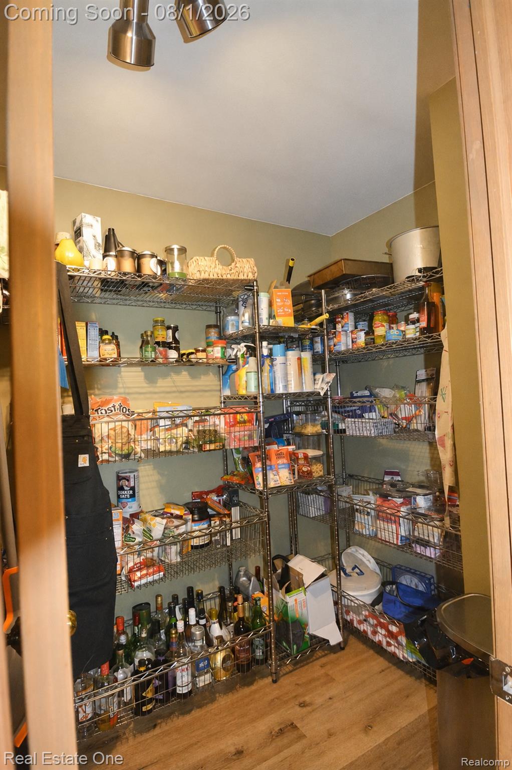 1370 Springwood Lane Rochester, MI 48309 - Photo 25 of 37 Walk-in pantry featuring wire shelving, wood-finish flooring, and track lighting