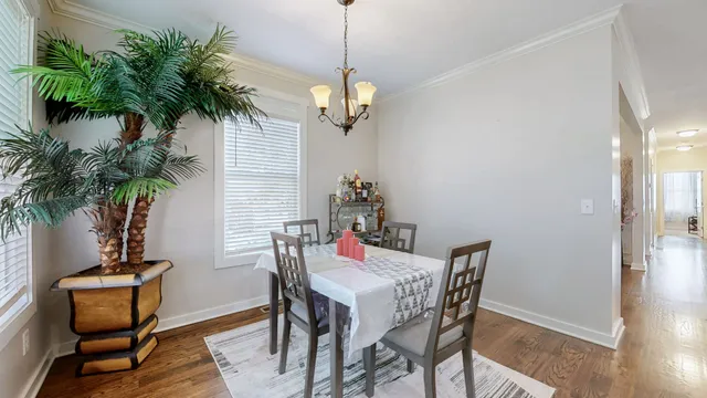 a dining room with furniture potted plants and wooden floor