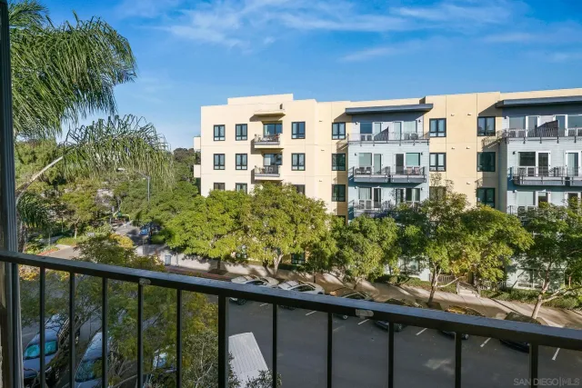 a view of a building from a balcony
