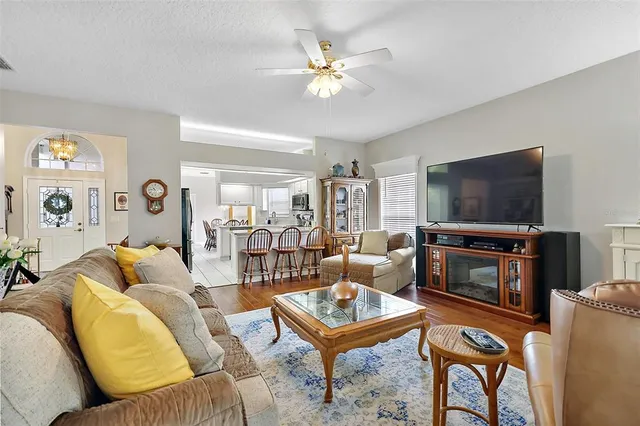 a living room with furniture a ceiling fan and a rug