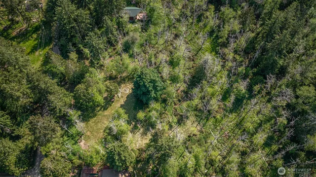 an aerial view of residential house with outdoor space and trees all around