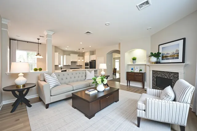 a living room with furniture and a fireplace