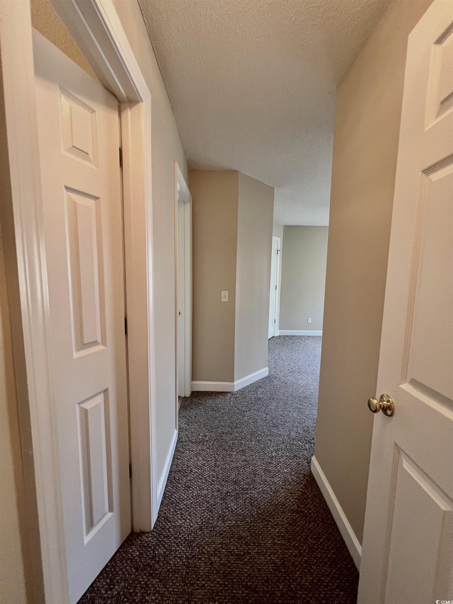 4394 Daphne Lane, Unit F Murrells Inlet, SC 29576 - Photo 21 of 40 Hallway with dark colored carpet, baseboards, and a textured ceiling
