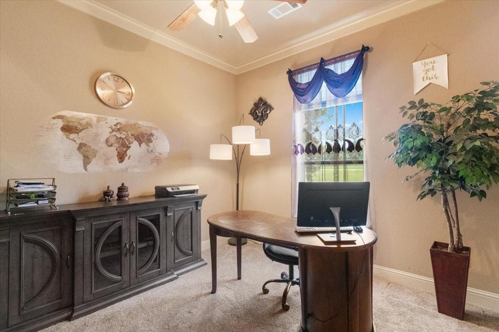 120 Trail Ridge Weatherford, TX 76087 - Photo 34 of 37 4th bedroom currently utilized as Office area featuring carpet flooring, a ceiling fan, walk in closet.