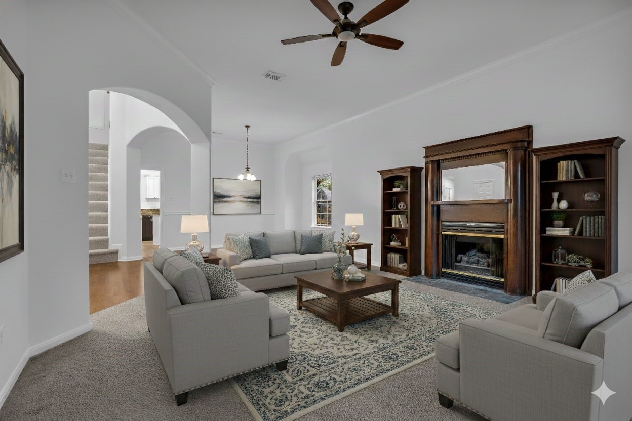 701 Ravensworth Drive Conroe, TX 77302 - Photo 2 of 14 a living room with furniture a fireplace and a flat screen tv