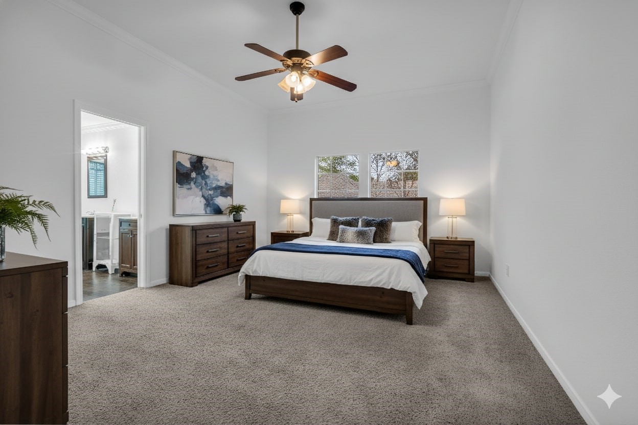 701 Ravensworth Drive Conroe, TX 77302 - Photo 6 of 14 a spacious bedroom with a bed and a chandelier