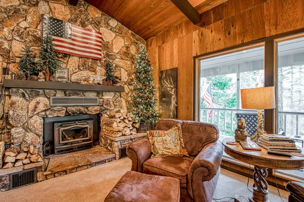 a living room with furniture windows and a fireplace