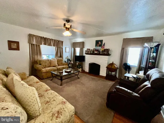 a living room with furniture and a fireplace