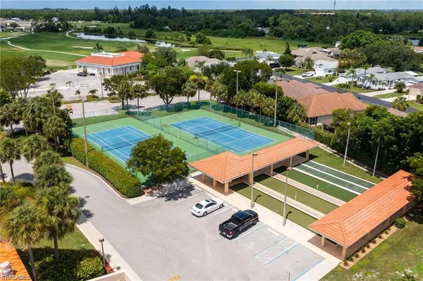 an aerial view of a swimming pool