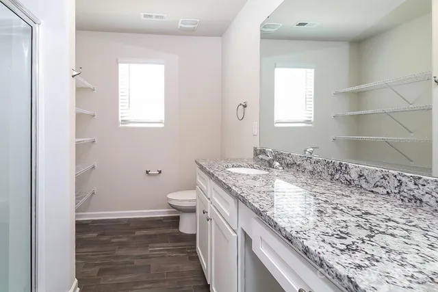 a bathroom with a granite countertop sink and a toilet