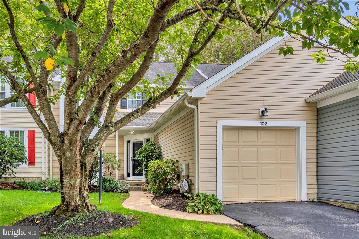 a front view of a house with a garden and trees