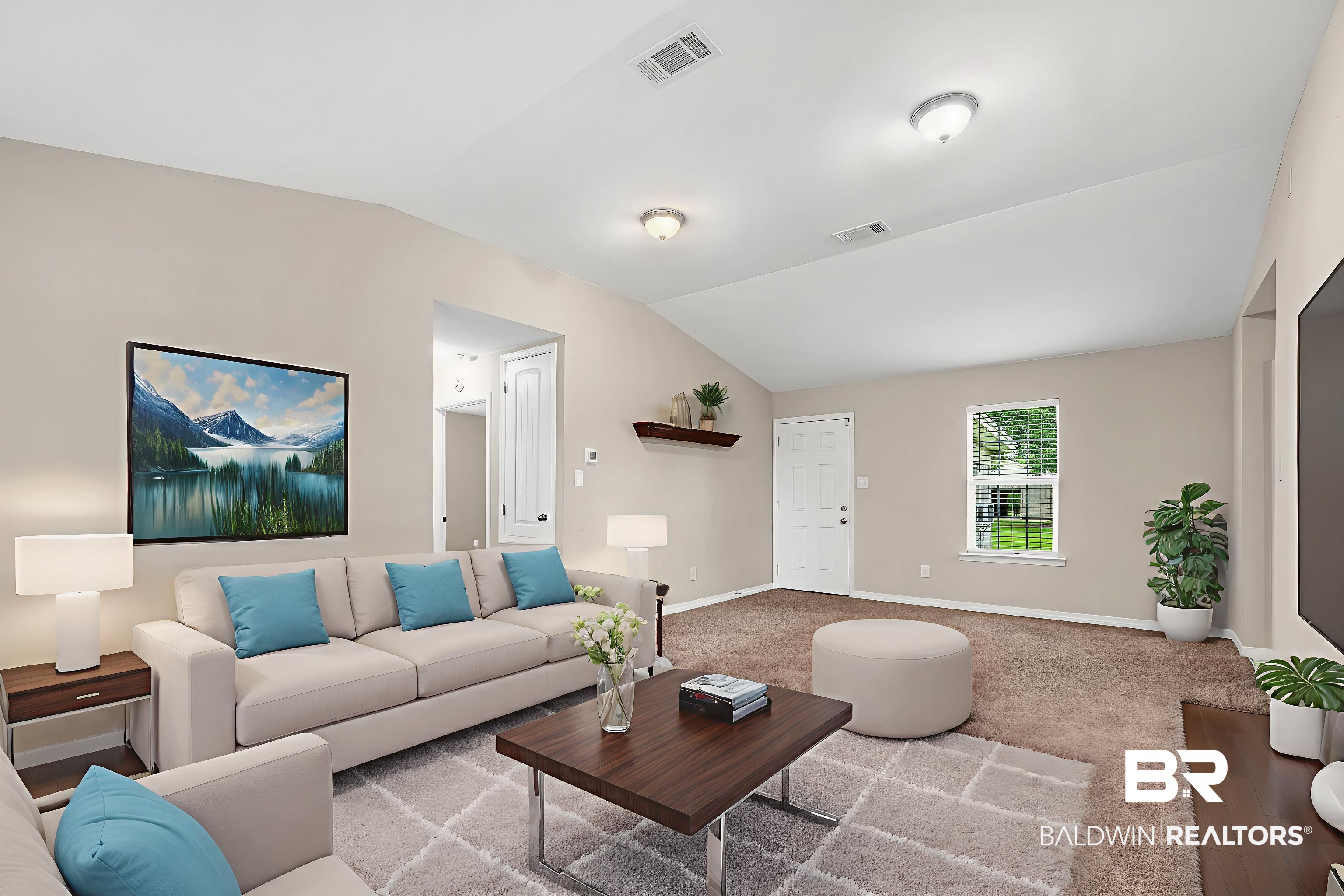 22810 Ard Road Robertsdale, AL 36567 - Photo 27 of 65 Carpeted living room with lofted ceiling and baseboards