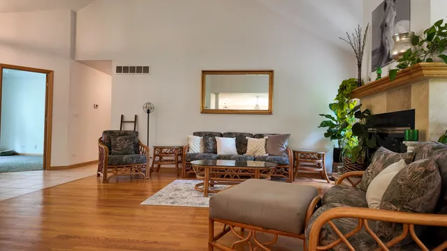 a living room with furniture kitchen view and a potted plant