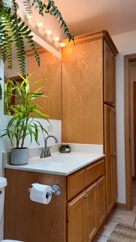 a bathroom with a sink a mirror and a shower