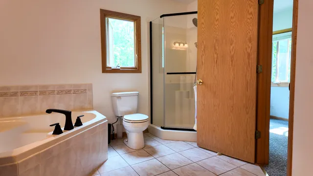 a bathroom with a toilet and a tub