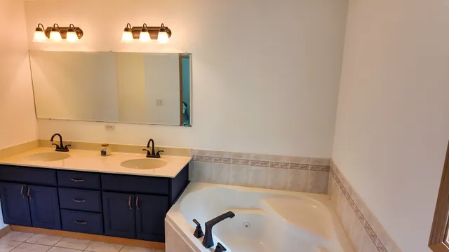 a bathroom with a tub sink and mirror