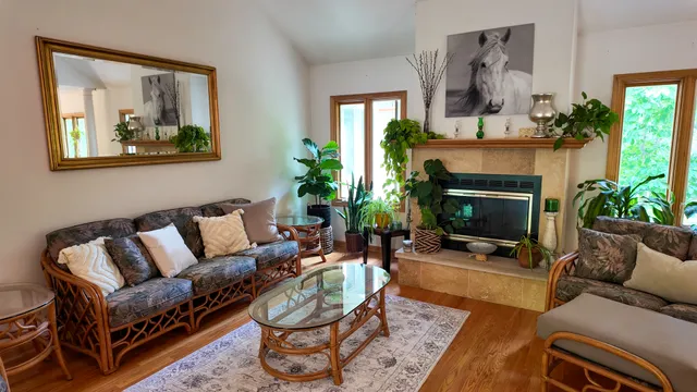 a living room with furniture and a fireplace