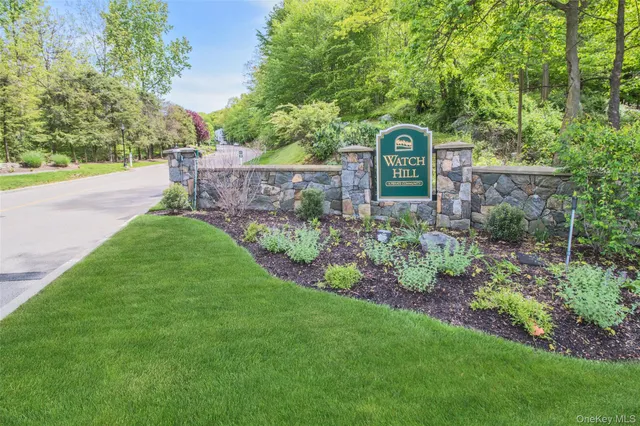a view of a garden with large trees