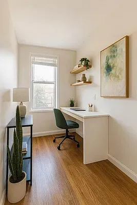 a view of a workspace with furniture and a window