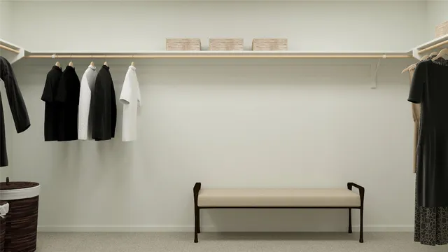 a view of walk in closet with clothes and shoes