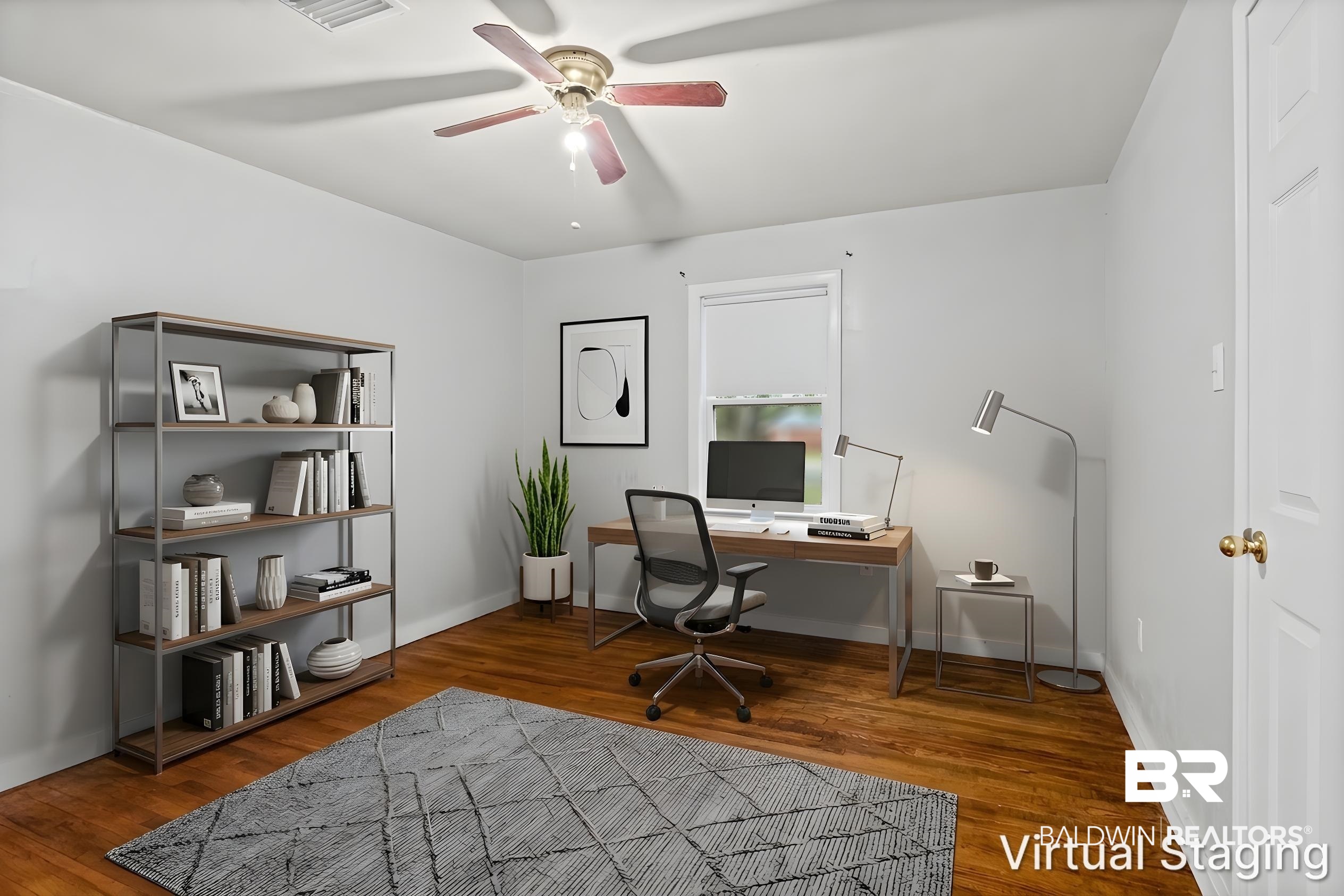 312 Sutherland Drive Mobile, AL 36611 - Photo 18 of 28 Virtually staged bedroom with hardwood finish flooring, ceiling fan with integrated light, window with roller shade, and light toned walls. A flexible space ideal for a home office, guest room, or whatever fits your needs