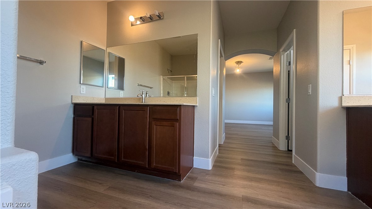 9453 Alma Ridge Avenue Las Vegas, NV 89178 - Photo 14 of 25 A well-lit primary bathroom vanity with a full-width mirror and a dedicated walk-in shower.