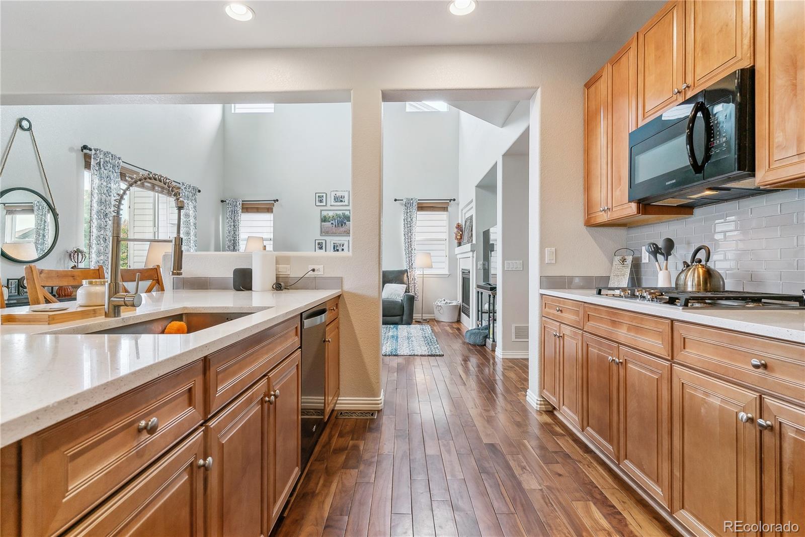 3477 Softwind Point Castle Rock, CO 80108 - Photo 14 of 50 a large kitchen with stainless steel appliances granite countertop a lot of counter space and wooden floors