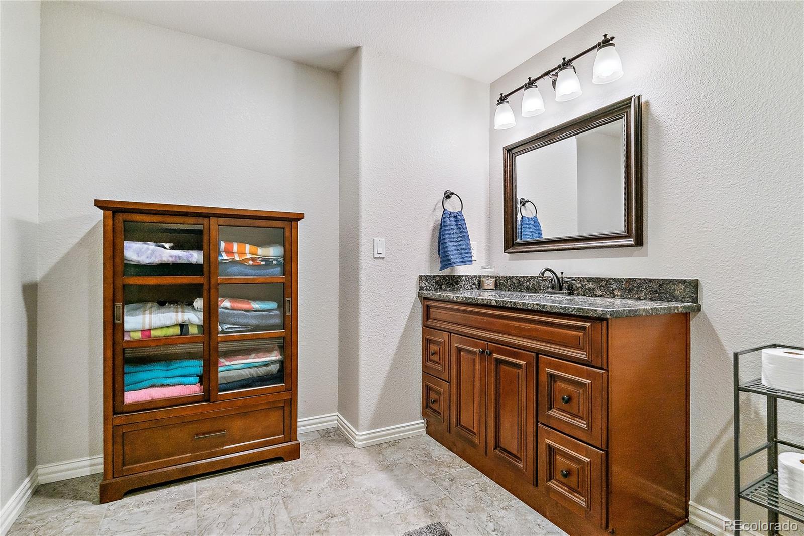 3477 Softwind Point Castle Rock, CO 80108 - Photo 41 of 50 a bathroom with a sink a mirror and a shower