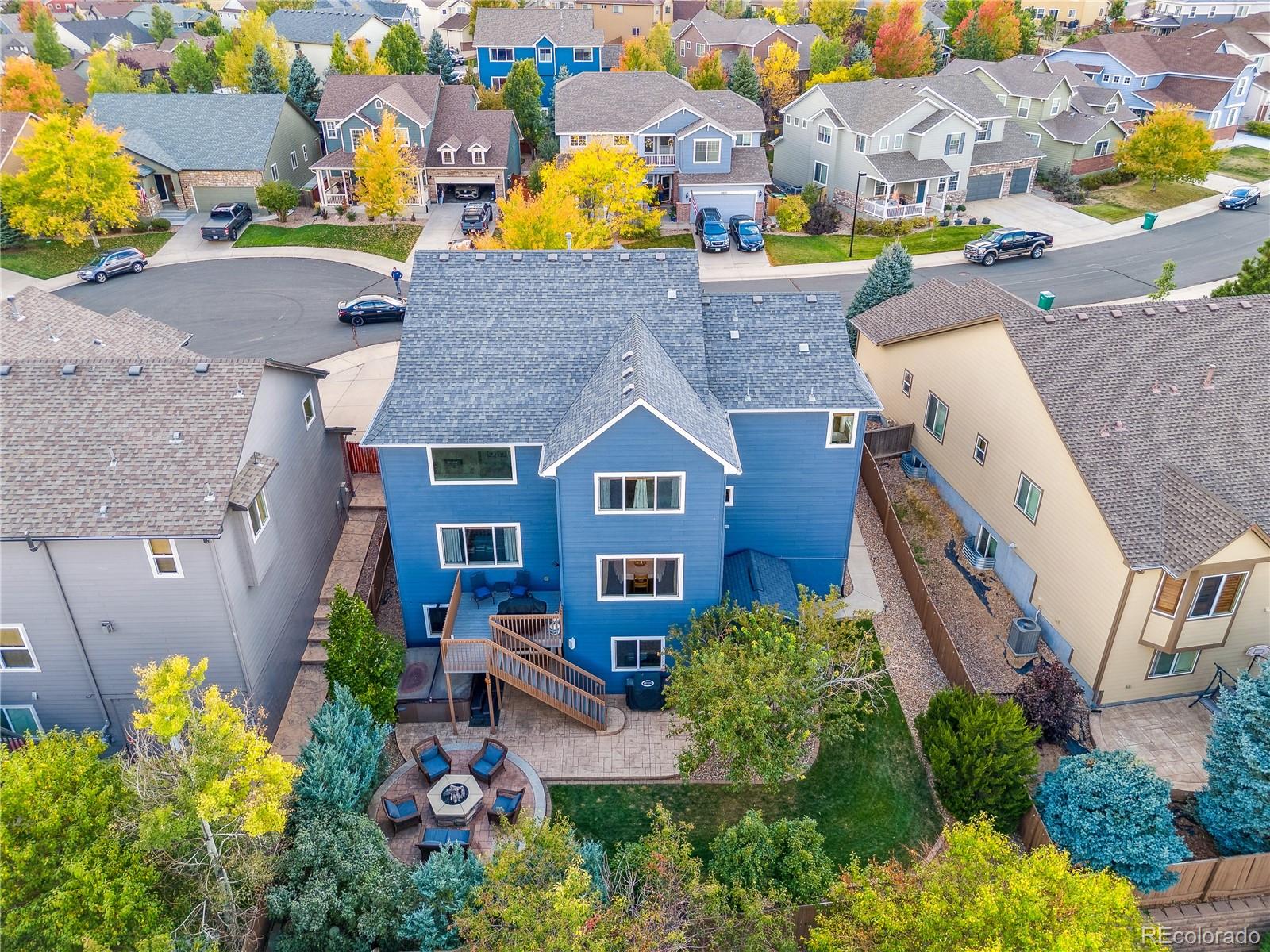 3477 Softwind Point Castle Rock, CO 80108 - Photo 47 of 50 an aerial view of a house with a swimming pool