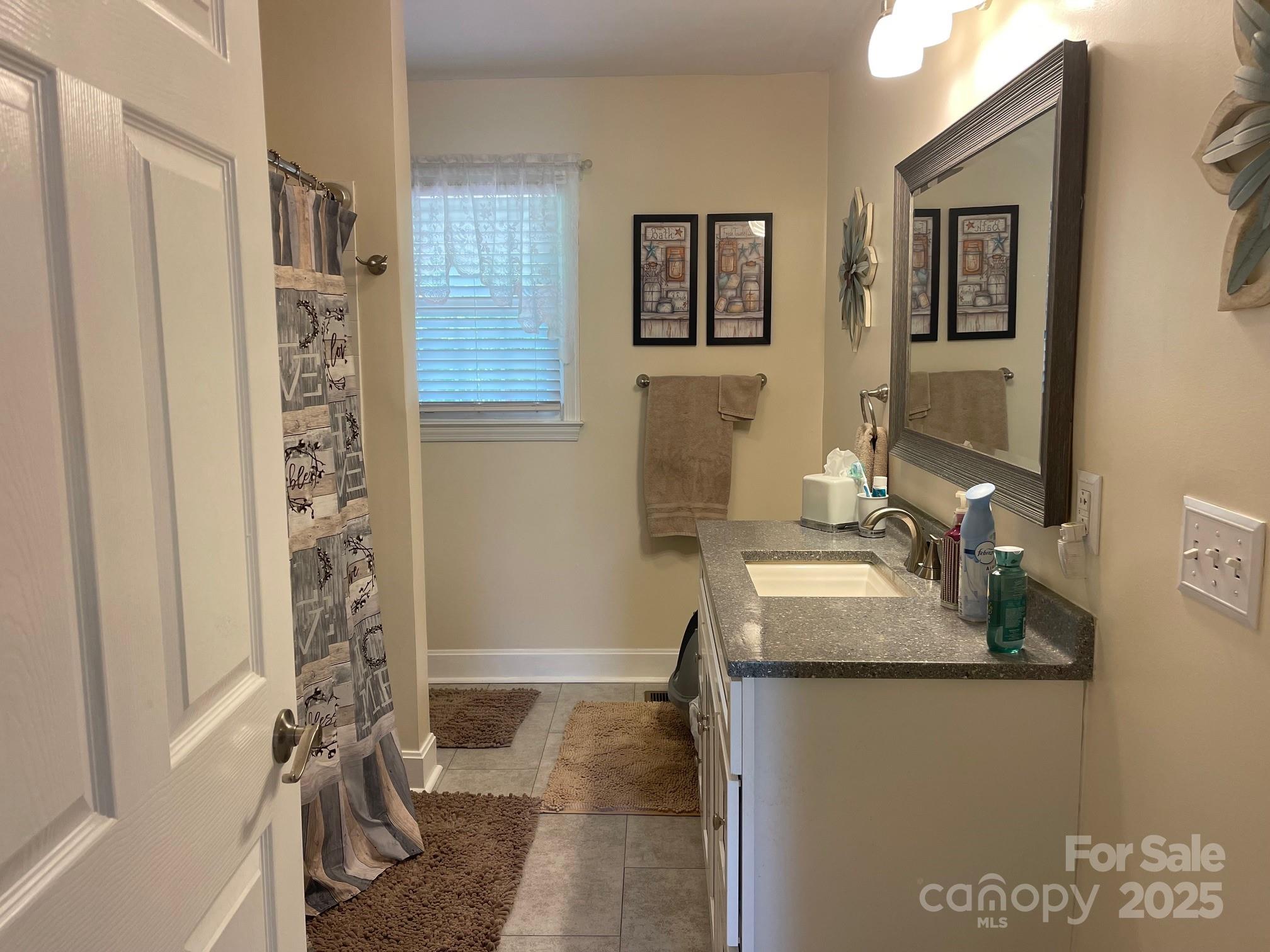 107 Calhoun Drive Cheraw, SC 29520 - Photo 8 of 16 a bathroom with a granite countertop sink a mirror and shower