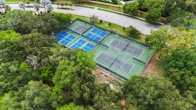 an aerial view of a house with a yard and lake view