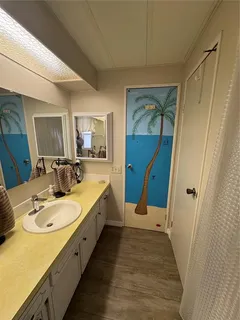 a bathroom with a double vanity sink and a mirror