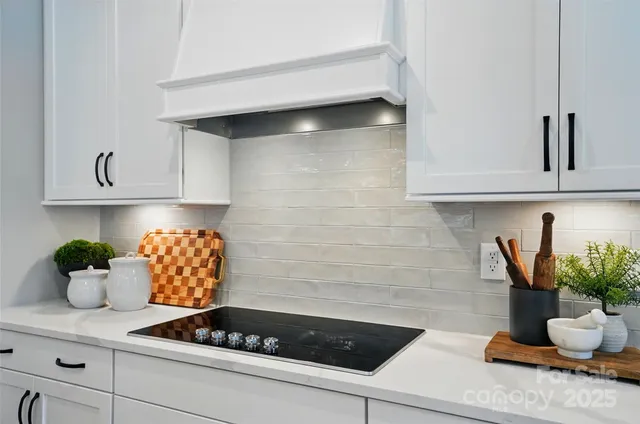 a kitchen with a potted plant on the counter and cabinets
