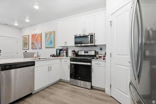 1213 West 1820th Street South Logan, UT 84321 - Photo 7 of 18 Modern kitchen featuring white cabinetry, stainless steel appliances, light-toned countertops, wood-finish flooring, and recessed lighting