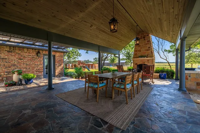 an outdoor space with seating