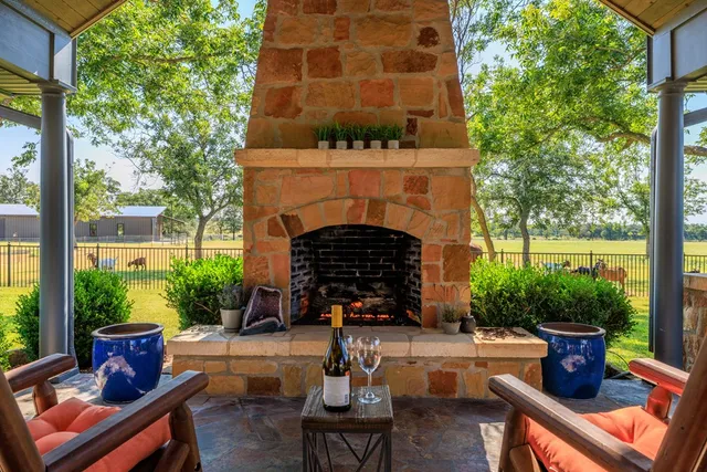 a building outdoor space with patio furniture