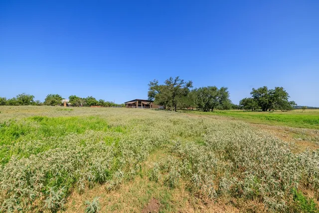 a view of a field with trees in background