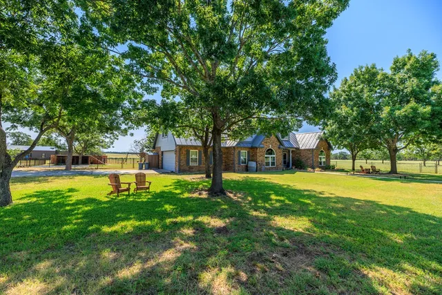 a house view with swimming pool in a yard
