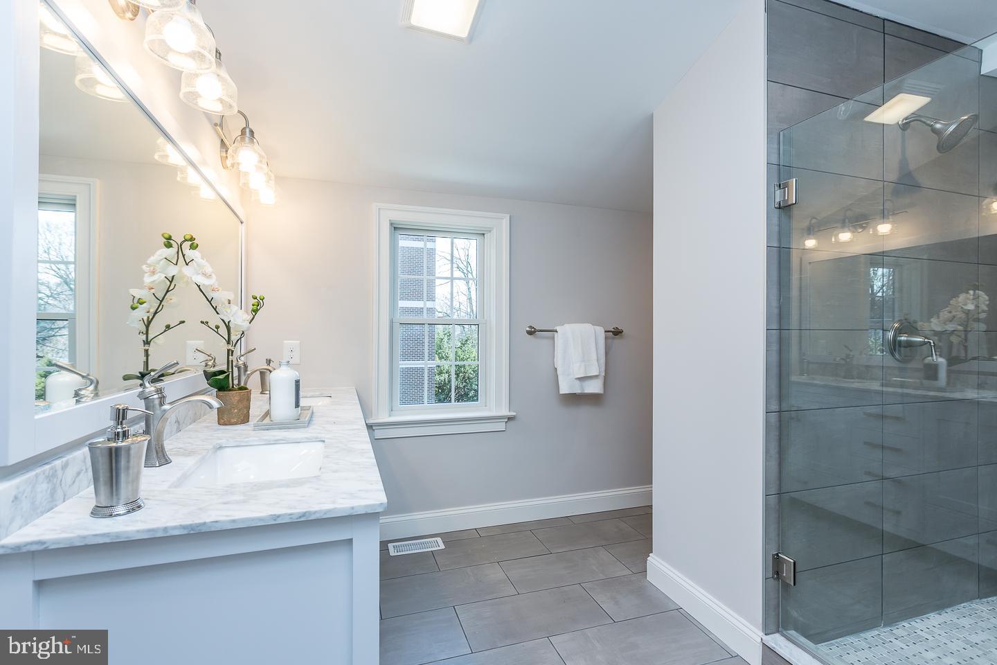 111 West Montgomery Avenue, Unit 107 Ardmore, PA 19003 - Photo 29 of 44 a bathroom with a granite countertop sink a mirror and a shower
