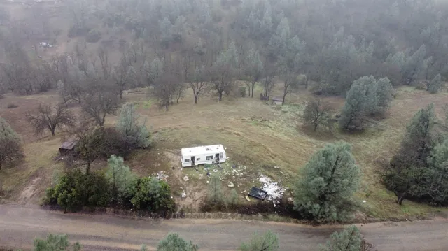 a view of a dry yard with trees