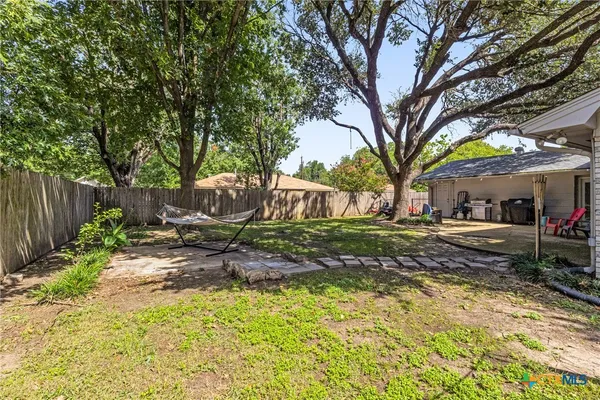 a view of a yard with plants and large trees
