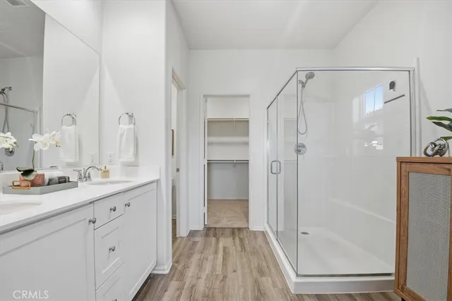 a bathroom with a shower sink and mirror